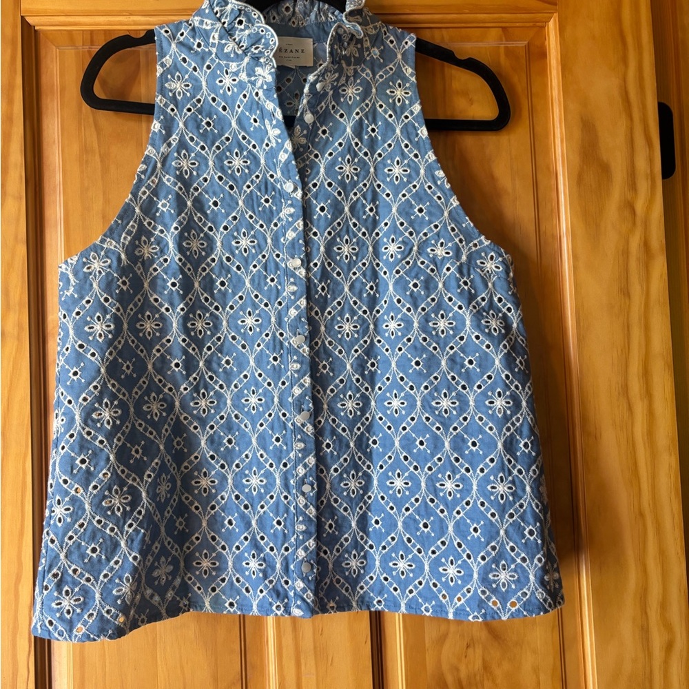 Sezane Blue and White Sleeveless Blouse